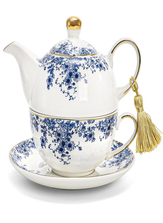Coloch Tea for One Set, Ceramic Teapot Set with Cup, Saucer, Tassel Vintage Blue Floral Single Serving Tea Set with Decorative Gold Rim for Women, Home, Office, Afternoon Tea, Gift - Image 1