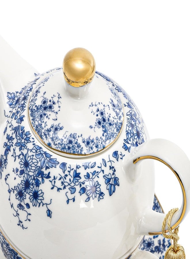 Coloch Tea for One Set, Ceramic Teapot Set with Cup, Saucer, Tassel Vintage Blue Floral Single Serving Tea Set with Decorative Gold Rim for Women, Home, Office, Afternoon Tea, Gift - Image 4