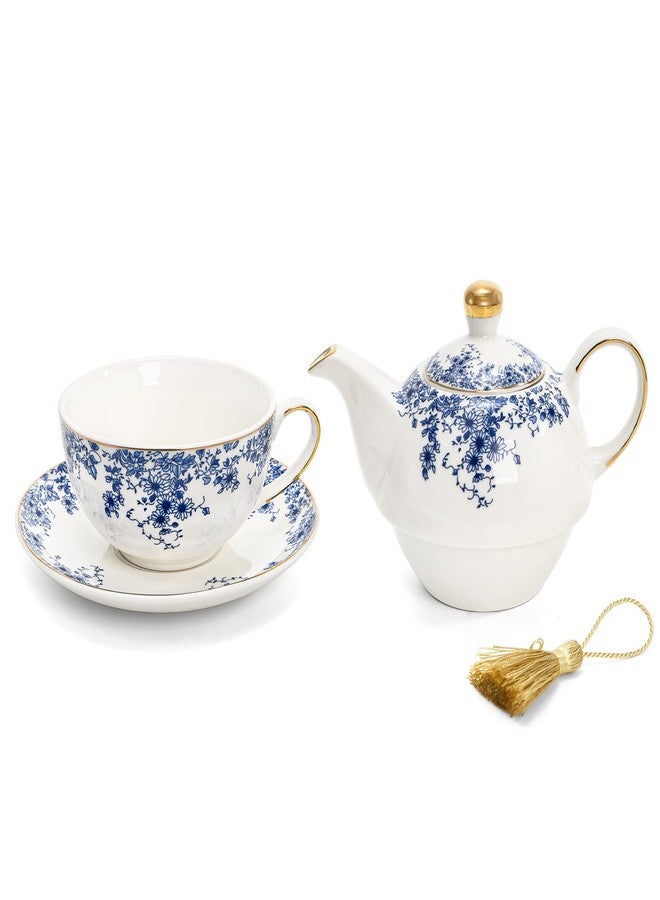 Coloch Tea for One Set, Ceramic Teapot Set with Cup, Saucer, Tassel Vintage Blue Floral Single Serving Tea Set with Decorative Gold Rim for Women, Home, Office, Afternoon Tea, Gift - Image 5