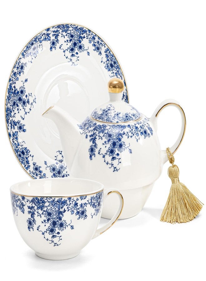 Coloch Tea for One Set, Ceramic Teapot Set with Cup, Saucer, Tassel Vintage Blue Floral Single Serving Tea Set with Decorative Gold Rim for Women, Home, Office, Afternoon Tea, Gift - Image 3