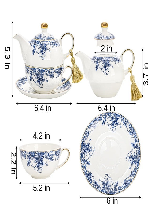 Coloch Tea for One Set, Ceramic Teapot Set with Cup, Saucer, Tassel Vintage Blue Floral Single Serving Tea Set with Decorative Gold Rim for Women, Home, Office, Afternoon Tea, Gift - Image 2
