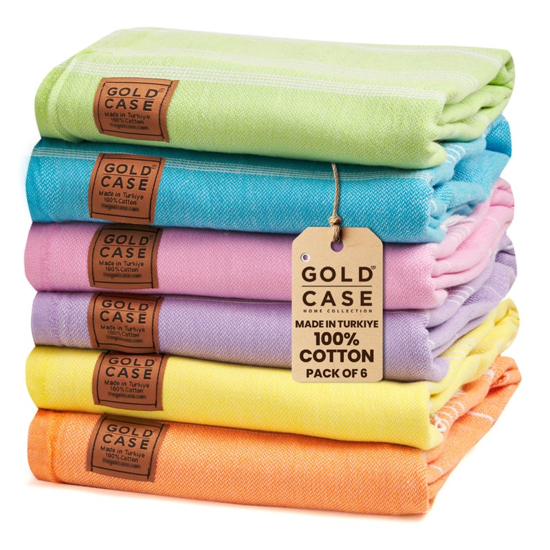 Gold CASE Turkish Beach Towel Set of 6  100 Cotton Large Turkish Bath Towels 70 x 38  LYCIA Oversized Quick Dry  Sand Free Towels  Lightweight Peshtemal  MultiColor2