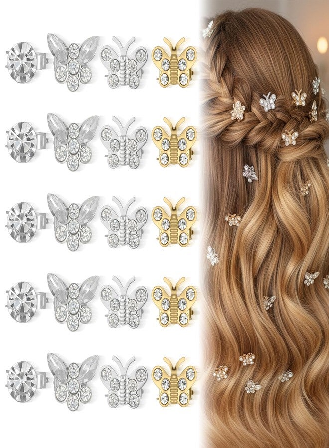 ElevateTech Mini Rhinestone Butterfly Hair Clips, 20 Pcs Cute Rhinestone Decorative Butterfly Hair Pins Small Crystal Wedding Hairs Barrettes Bridal Hairs Accessories for Girls Women (Silver, Gold) - Image 1