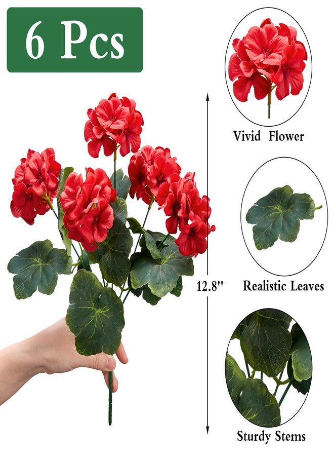 Karlliu Artificial Geranium Flowers for Outdoors: 6 PCS Realistic UV Resistant Faux Red Geranium Silk Flowers for Outdoor Planters Fade Proof Garden Fake Flowers Decor for Outside Porch - Red - Image 2