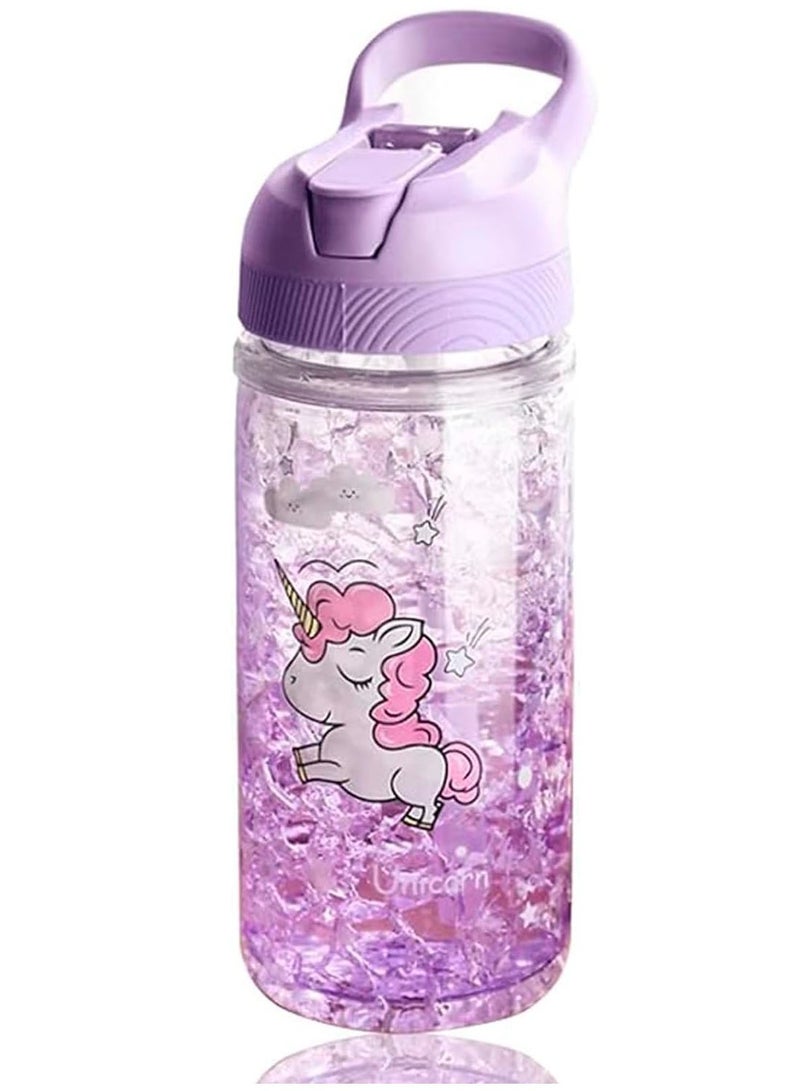 DIOTTI Water Bottles, Cute Girls Water Bottles for School, Girls Unicorn Water Bottle with Straw and Safety lock, 400ML/13.5oz Kids Water Bottles,Drinking Bottle for Boys and Girls Child, Indoor Outdoor (Purple) - Image 1