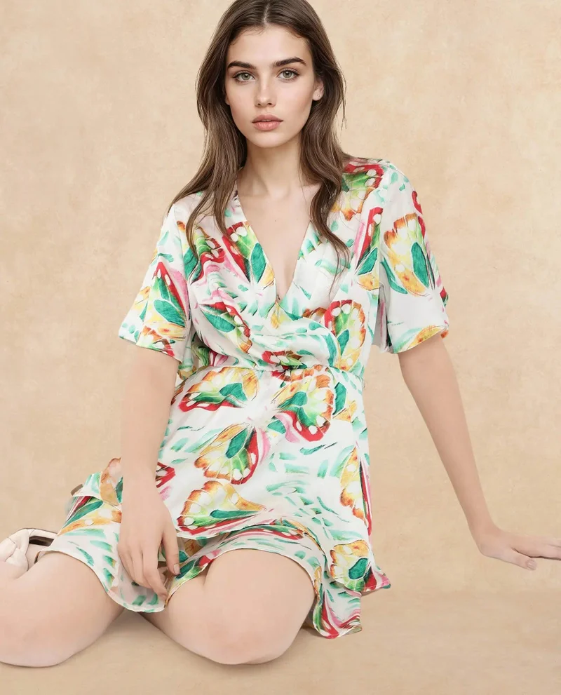 Rareism Women's Floral Print Overlap Neck Dress