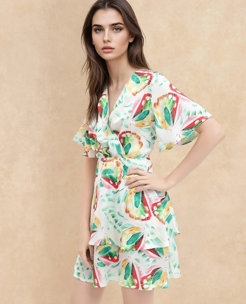 Rareism Women's Floral Print Overlap Neck Dress
