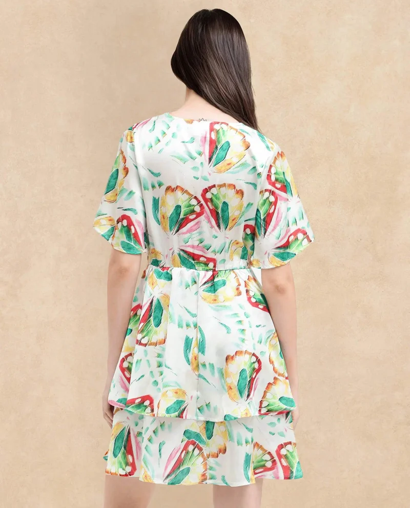 Rareism Women's Floral Print Overlap Neck Dress
