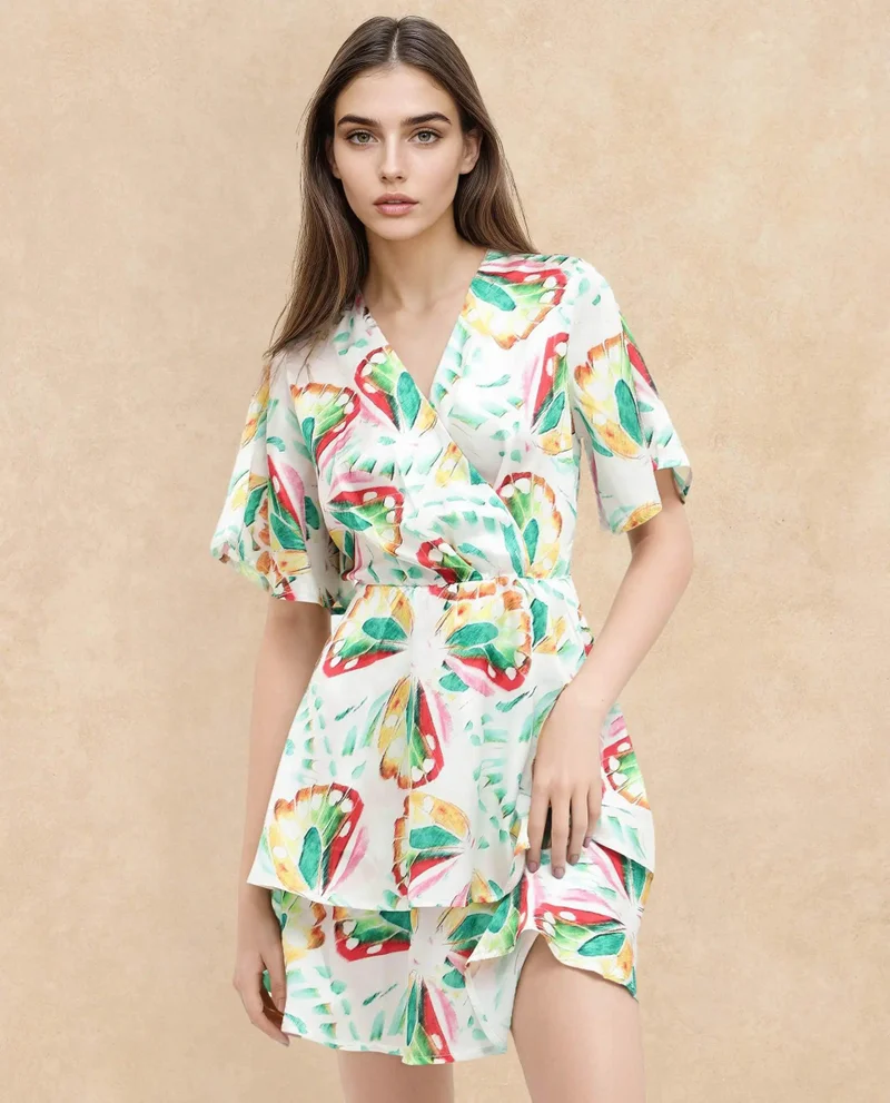 ريريزم Women's Floral Print Overlap Neck Dress