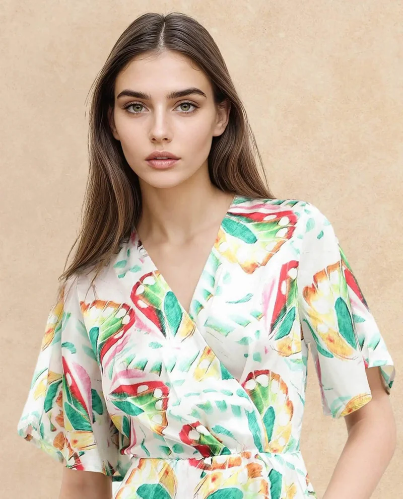 Rareism Women's Floral Print Overlap Neck Dress