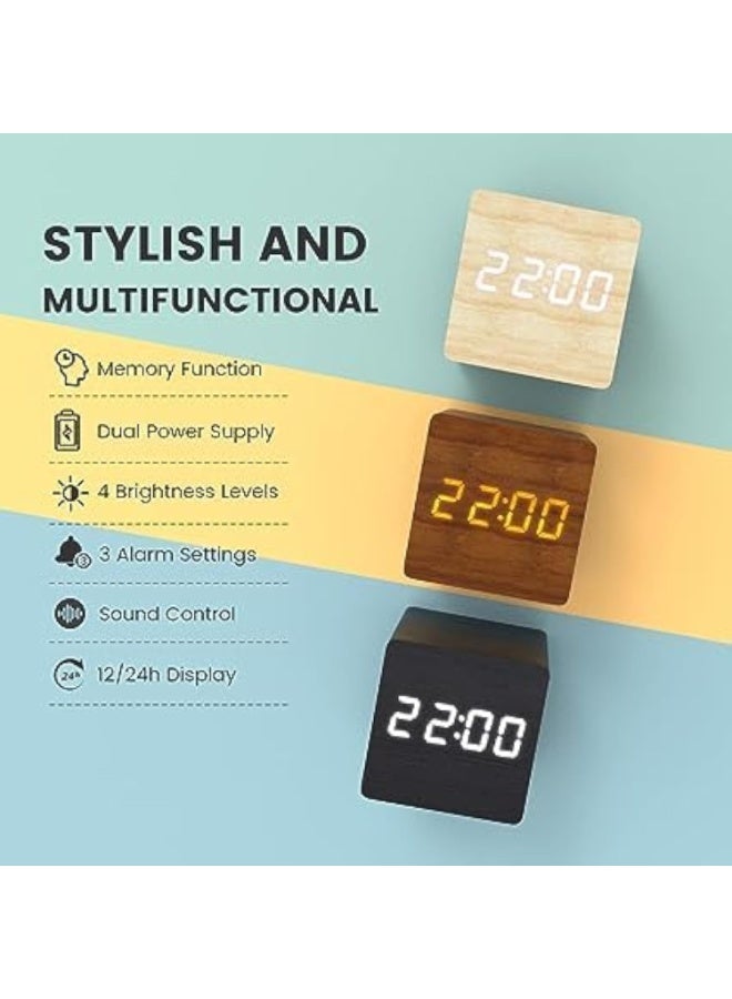 CAZADORA Digital Alarm Clock – Mini Square Bedside Clock with 3 Alarm Settings, Temperature Display, Adjustable Brightness & Night Mode, Wooden Finish Table Clock for Bedroom, Desk & Living Room, Compact 7×7×9 cm, Lightweight Portable Design, Easy Touch Controls, Snooze, 12/24H Time Format, Energy-Efficient Display, Ideal Gift for Adults & Kids — Cazadora Premium Mini Digital Clock (Beige) for Modern Homes, Hotels & Offices — Smart, Quiet, Clear Display for Better Sleep Routines and Timely Reminders (Model CAZ-DA001) - Image 3
