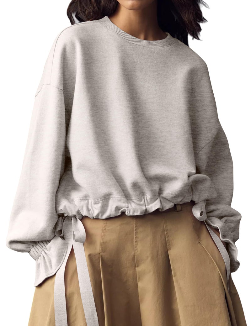 Dsewpaur Women Tie Up Sweatshirt Crewneck Balloon Long Sleeve Shirt Casual Fall Pullover Crop Babydoll Tops Light Gray - Image 1