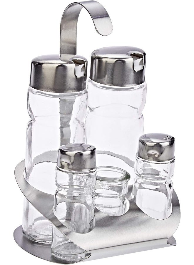Harmony 83123 Salt And Pepper Shakers And Oil And Vinegar Bottles Set With Metal Stand Set - 5 Pieces - Clear - Image 1
