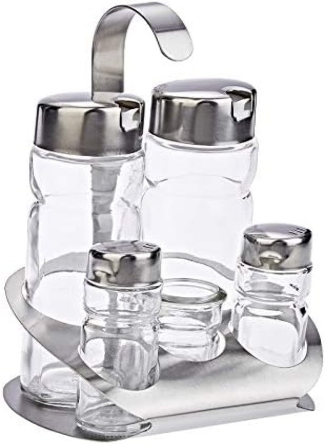 Harmony 83123 Salt And Pepper Shakers And Oil And Vinegar Bottles Set With Metal Stand Set - 5 Pieces - Clear - Image 4