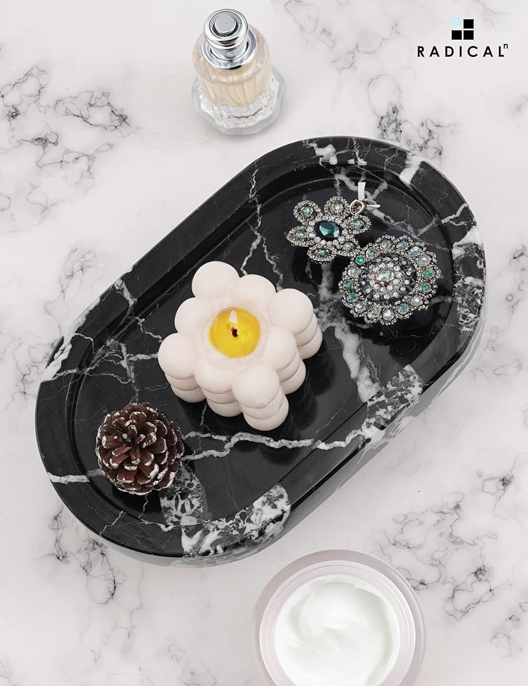RADICALn Premium Handmade Black Marble Oval Tray with Stand 10 Inch – Vanity & Serving Tray for Coffee Table, Bathroom & Perfume Organizer, Jewelry Display & Home Decor - Image 2