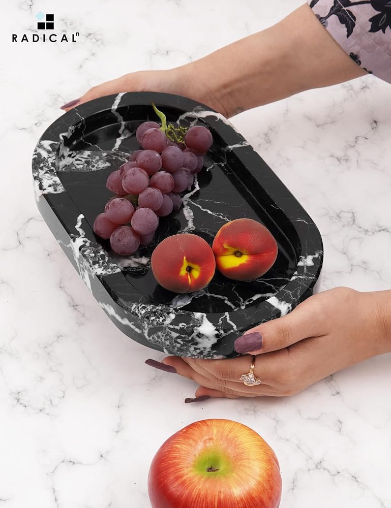 RADICALn Premium Handmade Black Marble Oval Tray with Stand 10 Inch – Vanity & Serving Tray for Coffee Table, Bathroom & Perfume Organizer, Jewelry Display & Home Decor - Image 4