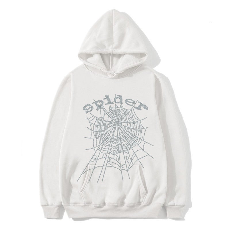 Unisex Sp5der Rhinestone Hoodie Autumn Spring Jacket White