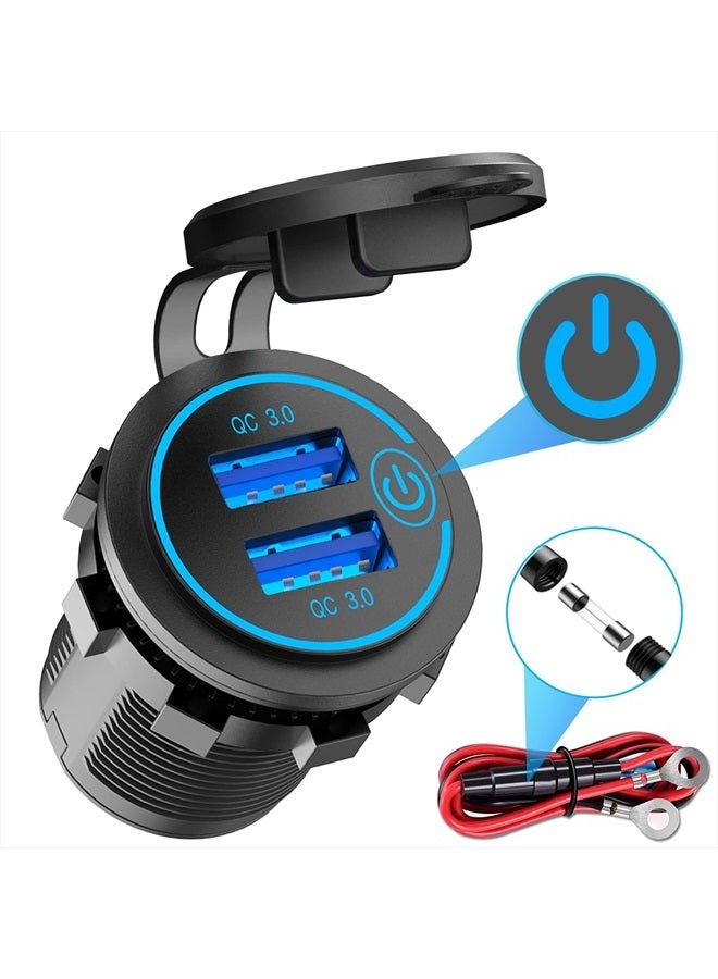 Qidoe Quick Charge 3.0 Dual USB Charger Socket, Qidoe Waterproof 12V USB Outlet 36W Dual QC3.0 USB Power Socket with Touch Switch DIY Car USB Port for Car Boat Marine RV Motorcycle Bus Truck Golf Cart etc - Image 1