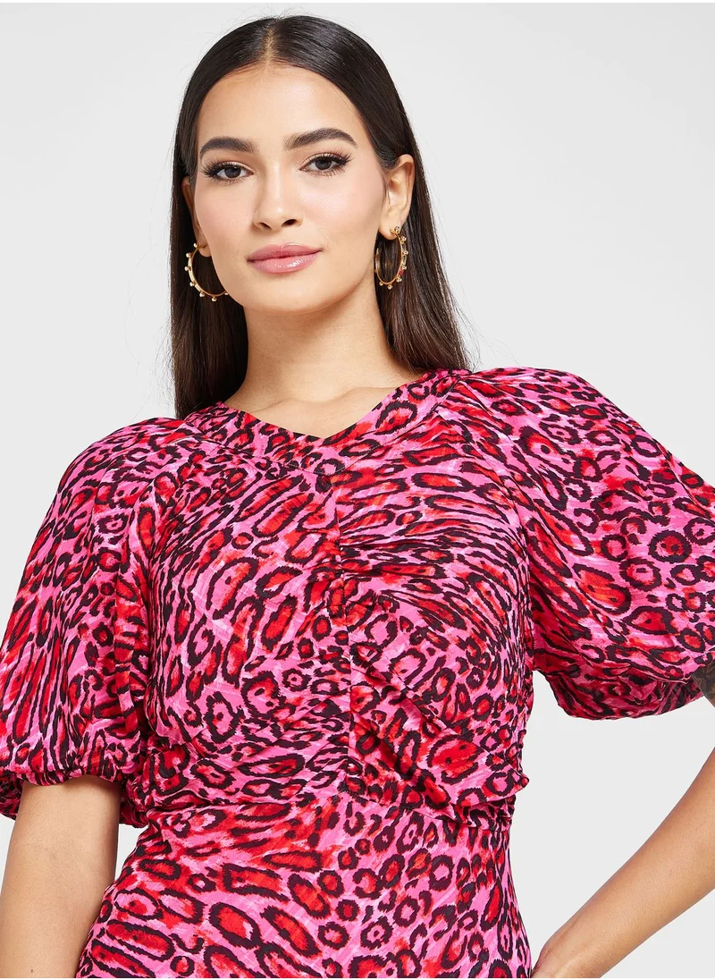 WHISTLES Leopard Print Puff Sleeve Dress