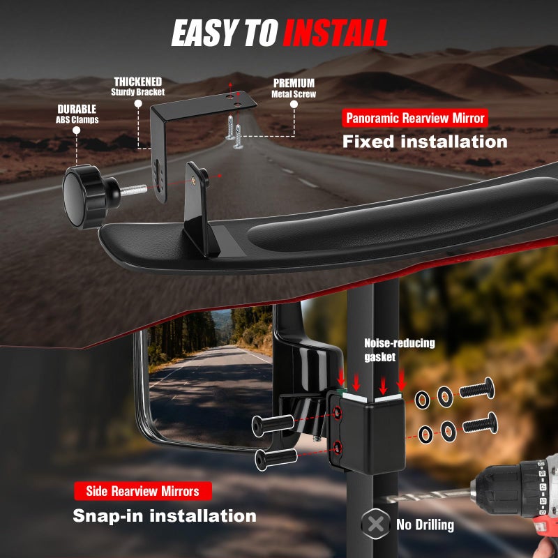 CASISPRO Universal Golf Cart Mirrors, No Drilling HD Shatterproof Glass Mirrors for EZGO Club Car Yamaha, Golf Cart Side Mirror & Rear View Mirror Kit, 180Â° Rotation, No Blind Spots - Image 3