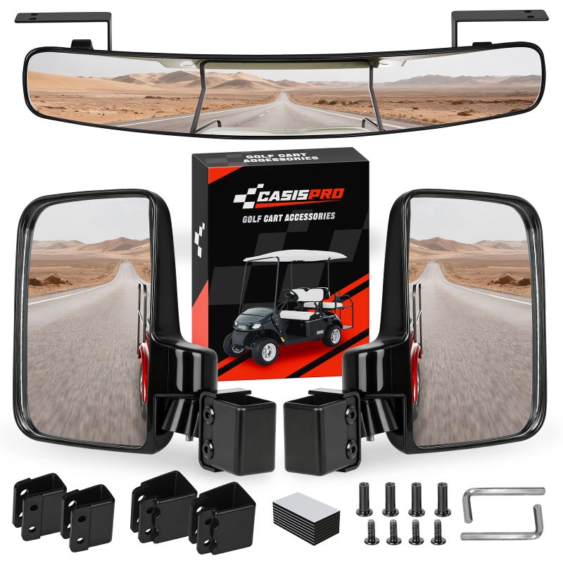 CASISPRO Universal Golf Cart Mirrors, No Drilling HD Shatterproof Glass Mirrors for EZGO Club Car Yamaha, Golf Cart Side Mirror & Rear View Mirror Kit, 180Â° Rotation, No Blind Spots - Image 1