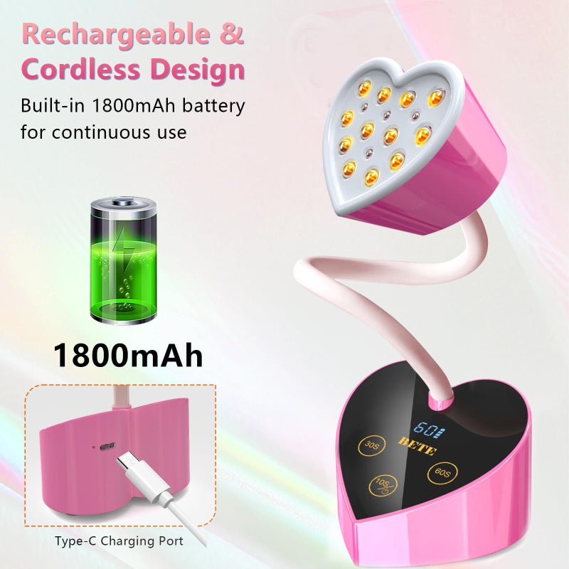 BETE Mini UV Nail Lamp Flash Cure Gel Nail Polish, 360Â° Foldable Gooseneck UV LED Nail Lamp with Smart Sensor, USB Portable Cordless 30W Rechargeable Nail Dryer with 3 Timers for Salon Home DIY - Image 4