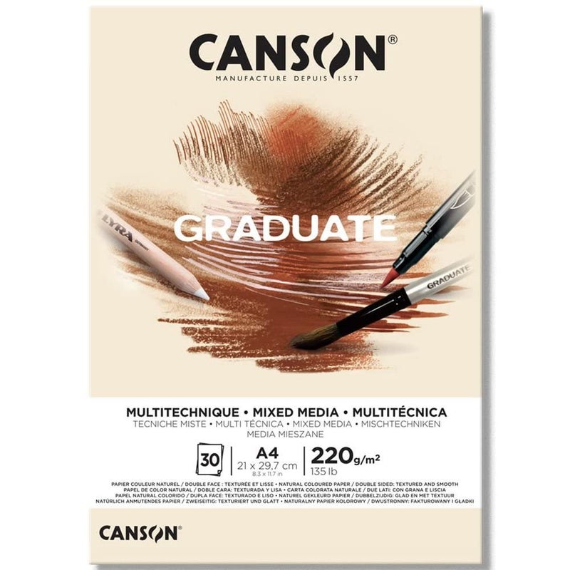 CANSON Graduate Mixed Media 200gsm A4 Paper Double Sided Grained and Smooth Pad Glued Short Side 30 Natural Sheets Ideal for Student Artists