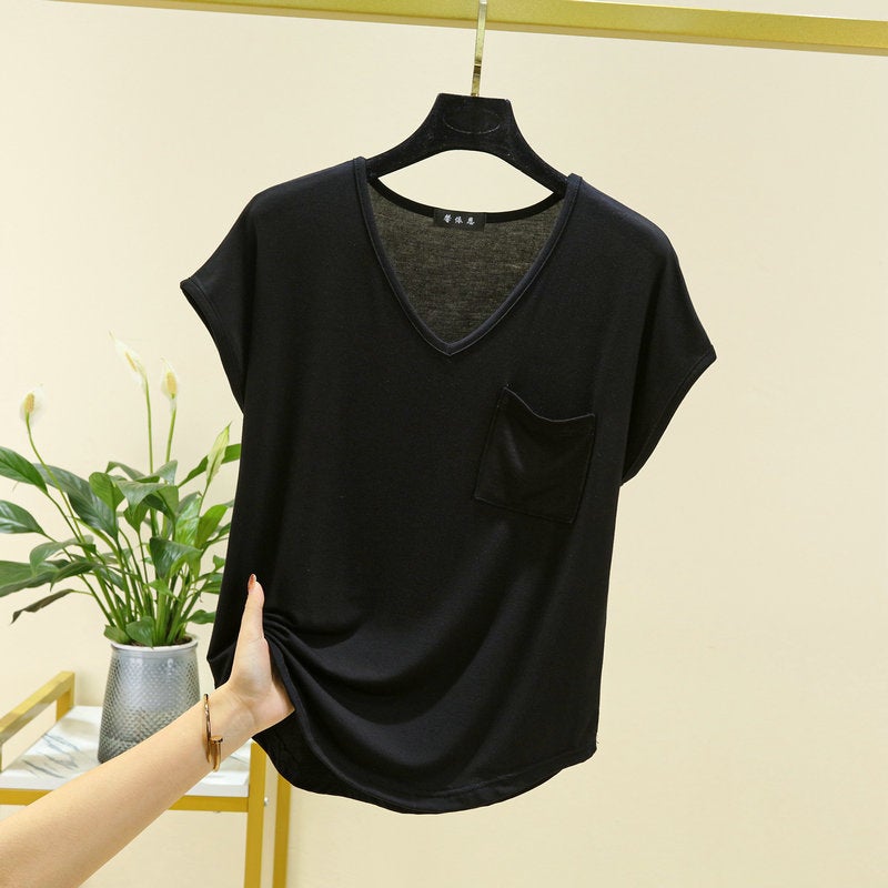 All-Match Loose V-Neck Pocket Short-Sleeve T-Shirt Women'S Summer Thin Single-Wear Top Slim-Fit Solid Color Inner Base Shirt - Image 1