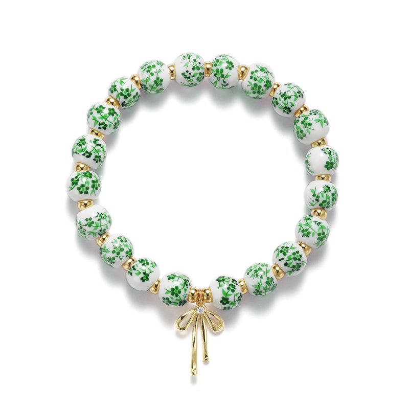 Beads Bow Charm Bracelet for Women Green Flower Vintage Bracelet Handmade Stretch Strand Beaded Bracelet Green and White Decor Coquette Aesthetic Dainty Romantic Jewelry Gifts for Her(Green)