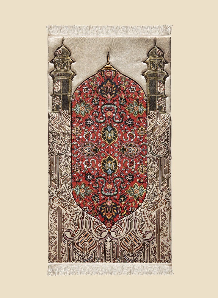 Luxury Islamic Prayer Rug – Mosque Design with Ornate Red Motif - Elegant Muslim Prayer Mat with Mosque Arch and Floral Pattern - Premium Velvet Salah Mat – Arabic Calligraphy & Mihrab Design  - Image 1