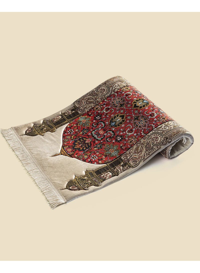 Luxury Islamic Prayer Rug – Mosque Design with Ornate Red Motif - Elegant Muslim Prayer Mat with Mosque Arch and Floral Pattern - Premium Velvet Salah Mat – Arabic Calligraphy & Mihrab Design  - Image 2