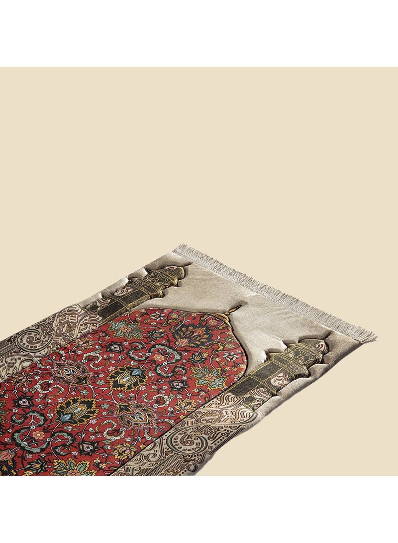 Luxury Islamic Prayer Rug – Mosque Design with Ornate Red Motif - Elegant Muslim Prayer Mat with Mosque Arch and Floral Pattern - Premium Velvet Salah Mat – Arabic Calligraphy & Mihrab Design  - Image 3