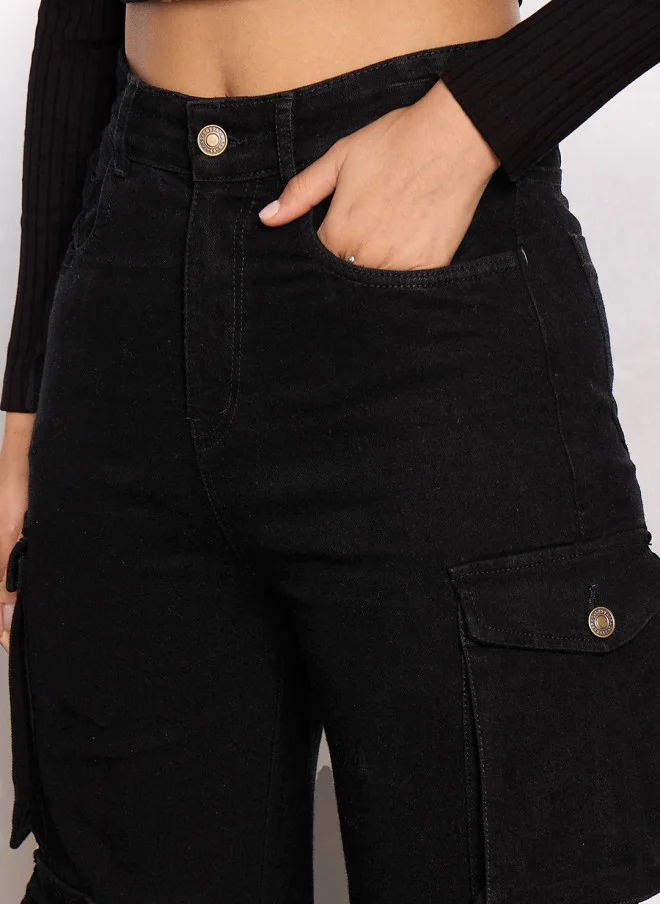 SASSAFRAS High-Rise Black Cargo Jeans for Women