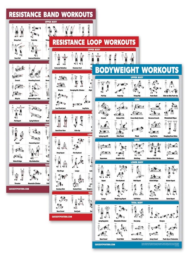 Palace Learning 3 Pack: Resistance Bands Exercise Poster + Resistance Loops Workouts + Bodyweight Exercises - Set of 3 Workout Charts (LAMINATED, 18" x 24") - Image 1
