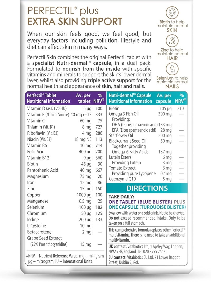 Perfectil Skin 28 Tablets + 28 Capsules | Triple Active Support for Hair Skin and Nails | Extra Skin Support Beauty Supplement - Image 2