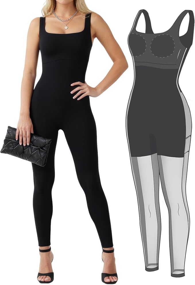 Popilush Jumpsuits for Women Built-in Bra Tummy Control Romper Workout Sleeveless One Piece Bodysuit - Image 1
