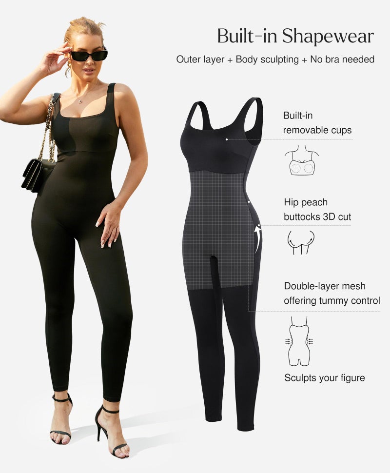 Popilush Jumpsuits for Women Built-in Bra Tummy Control Romper Workout Sleeveless One Piece Bodysuit - Image 2