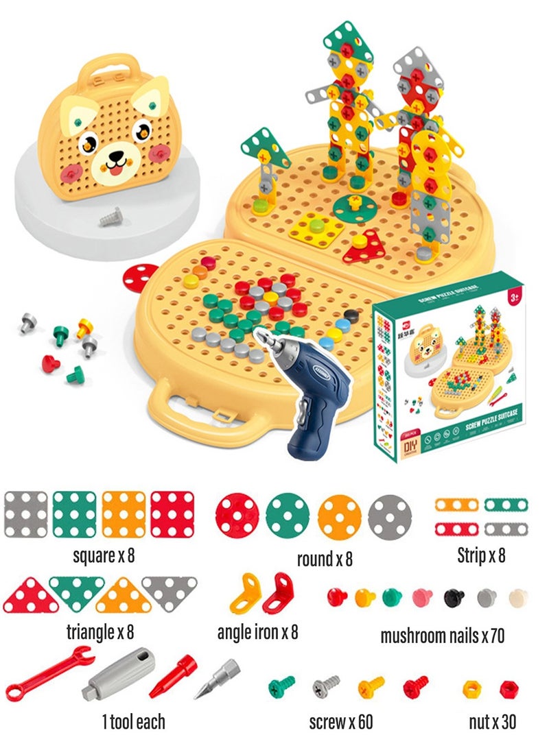 Magic Montessori Play Toolbox with Drill, 203Pcs Magic Montessori Play Toolbox Bear-Themed, 2D/3D Creativity Tool Box Montessori Toys Gift for Age 3-12 Years Old Boys Kids - Image 1