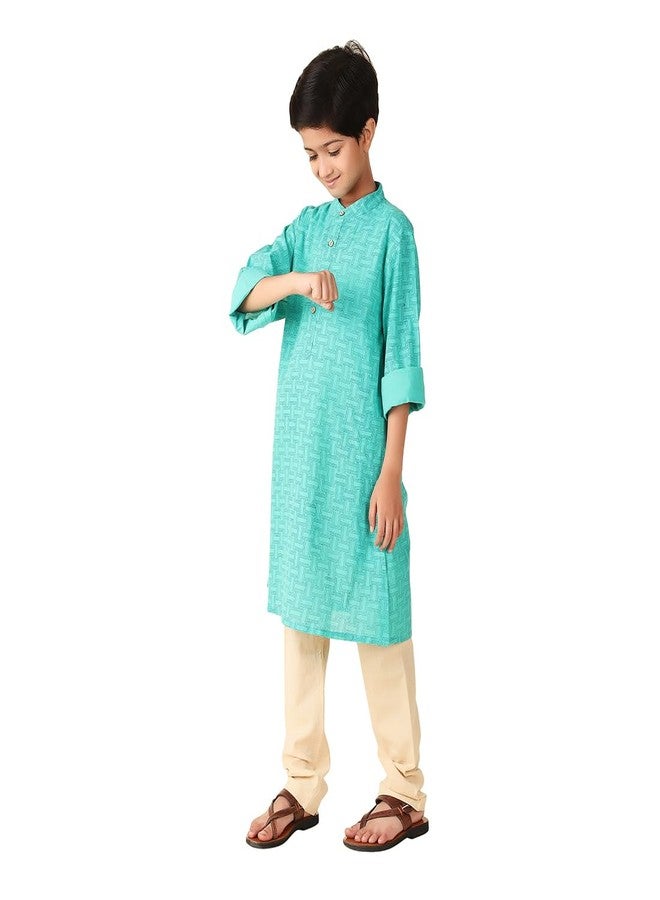 Fabindia Boy's Cotton Printed Regular Kurta (1030887TEAL_Teal - Image 4