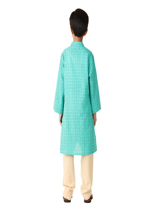 Fabindia Boy's Cotton Printed Regular Kurta (1030887TEAL_Teal - Image 2