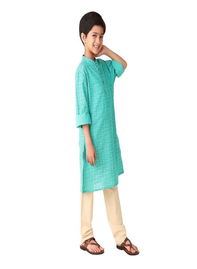 Fabindia Boy's Cotton Printed Regular Kurta (1030887TEAL_Teal - Image 3