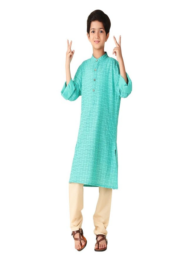 Fabindia Boy's Cotton Printed Regular Kurta (1030887TEAL_Teal - Image 1