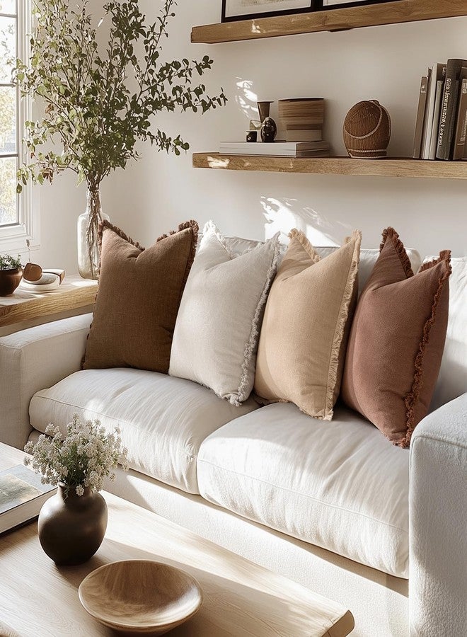 MIULEE أغطية وسائد أريكة زخرفية من MIULEE لخريف  مجموعة من 4 وسائد ريفية محايدة من الكتان بحواف 18x18 بوصة بيج/بني - Image 4