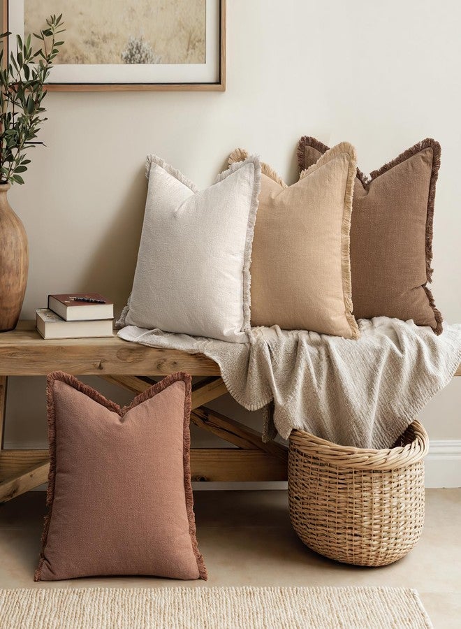 MIULEE أغطية وسائد أريكة زخرفية من MIULEE لخريف  مجموعة من 4 وسائد ريفية محايدة من الكتان بحواف 18x18 بوصة بيج/بني - Image 2