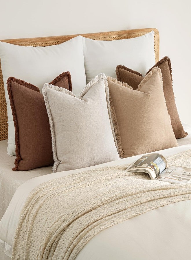 MIULEE أغطية وسائد أريكة زخرفية من MIULEE لخريف  مجموعة من 4 وسائد ريفية محايدة من الكتان بحواف 18x18 بوصة بيج/بني - Image 5
