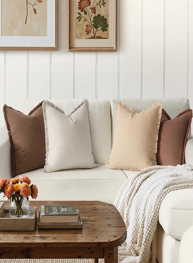 MIULEE أغطية وسائد أريكة زخرفية من MIULEE لخريف  مجموعة من 4 وسائد ريفية محايدة من الكتان بحواف 18x18 بوصة بيج/بني - Image 3