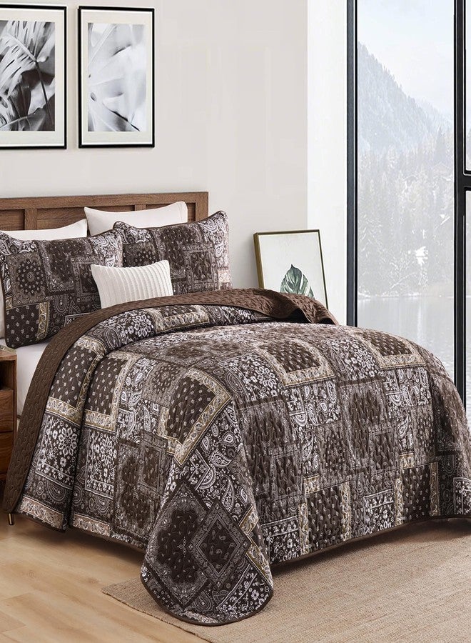 Cottolester Brown Patchwork Quilt Set Queen Size,3 Pieces Boho Paisley Quilt Set,Farmhouse Bedspread Soft Microfiber Bedding Set for All Season 96"x90" - Image 2