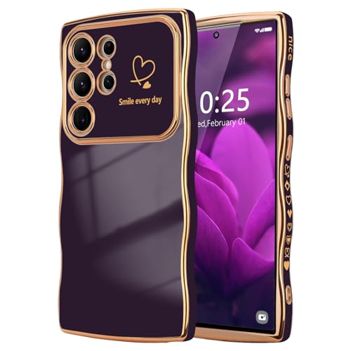 LCHULLE for Samsung Galaxy S25 Ultra Case for Women Girls Cute Wave Frame Curly Shape with Love Heart Camera Protection Cover Luxury Plating Shockproof Phone Case for Galaxy S25 Ultra 5G Dark Purple - Image 1