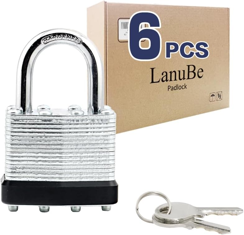 LanuBe Lock Laminated keyed Padlock (1-9/16", 40mm), keyed Alike Locks, Normal Shackle,Marked Black Plastic Hoop, Pack of 6… - Image 1