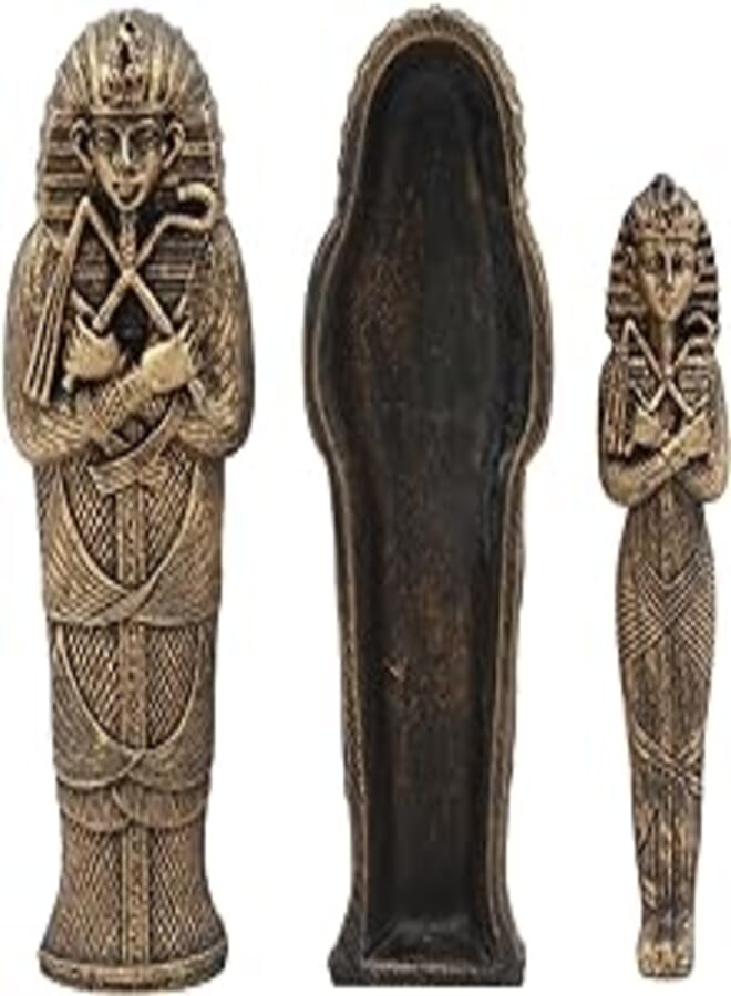 Ebros Bronze Finish Small Ancient Egyptian Pharaoh King TUT Sarcophagus with Mummy Insert Artifact Relic Statue 5.5" Long 3 Piece Set